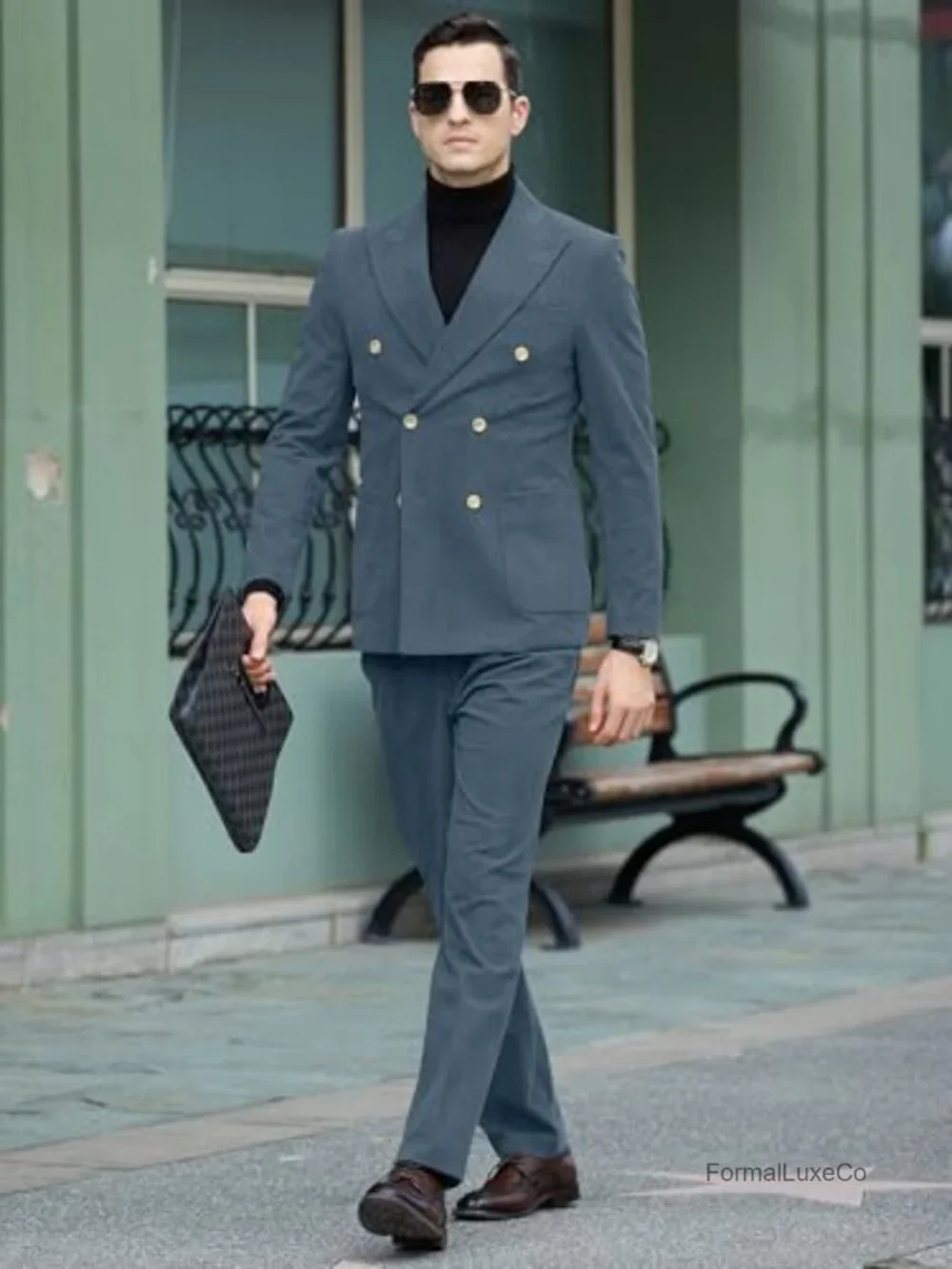 Men's 2 Piece Corduroy Suit Double Breasted Tuxedo Jacket & Pants Slim Fit